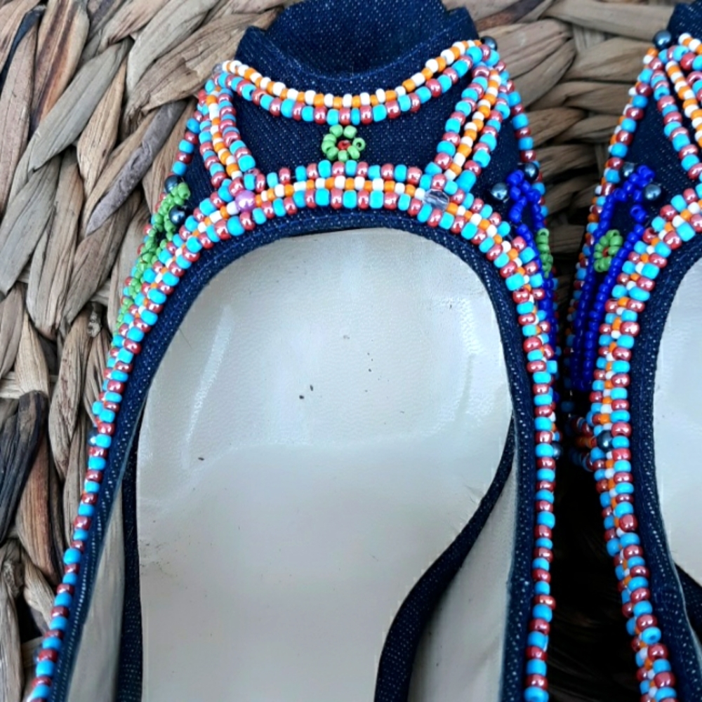 EUC JESSICA BENNETT JKIRABU DENIM & BEADED HEELS - Picture 7 of 10